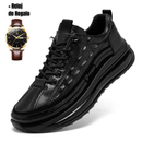 Tênis Masculino Estilo Couro De Crocodilo + Relogio Brinde